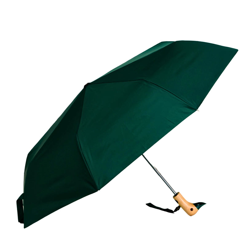 Waldgrüner, kompakter, umweltfreundlicher Regenschirm mit Entenkopf