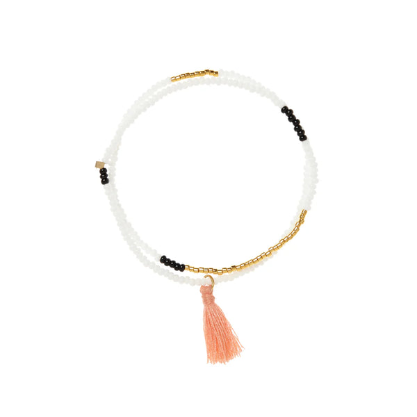 ELASTISCHES WICKELARMBAND – WEISS, GOLD & SCHWARZ MIT ROSA QUASTE