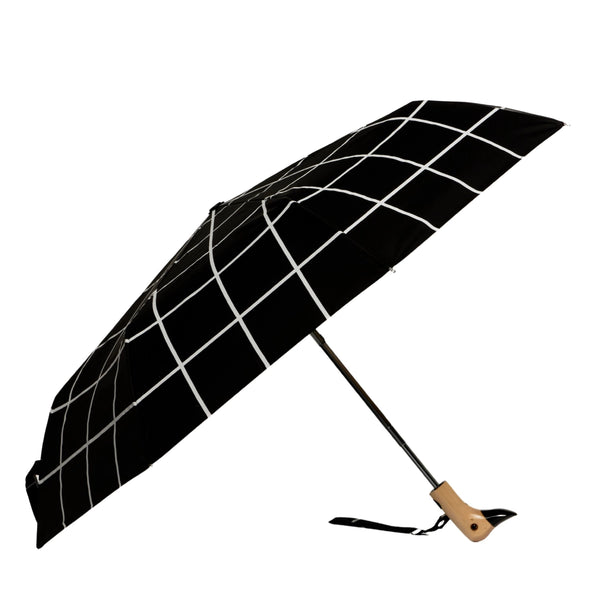 Umweltfreundlicher Regenschirm mit Entengriff und schwarzem Gittermuster