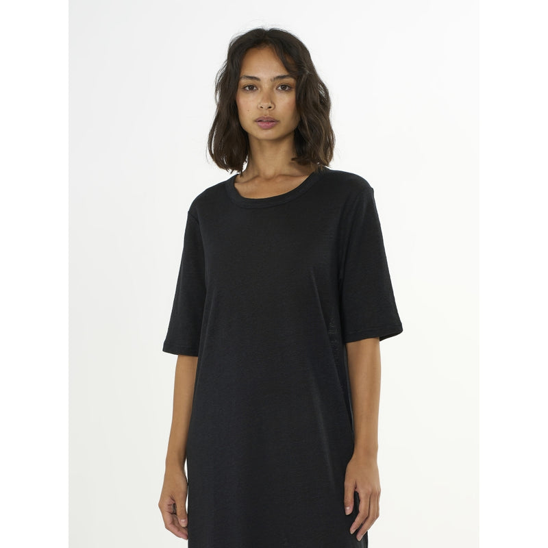 Kurzärmliges T-Shirt-Kleid aus Leinen - Schwarz